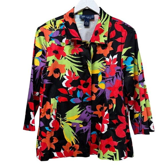SUSAN GRAVER Bright Floral Blazer Size XL Black Multicolor Cotton Blend Jacket - Picture 1 of 9